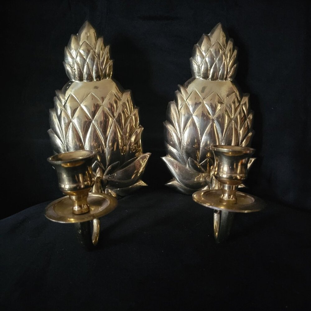 Pair Of Vintage Brass Pineapple Wall Sconces Candle Holders, Grandmillennial